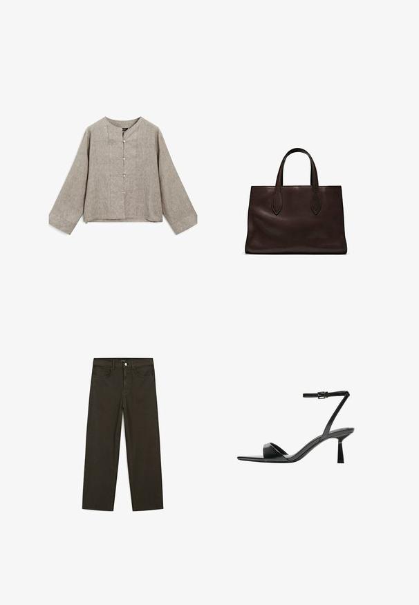 Lys grå linned blouse med rund halsudskæring, lange ærmer og en frontknapstolpe med fem knapper samt subtile teksturelle variationer.; Mørkegrønne brede jeans lavet af en bomuldsblanding, med en frontlukning med knap, fem lommer og klassisk denim-syning.; Bershka Højhælede sandaletter / Højhælede sandaler - black; Brun læder tote bag med to forlængede håndtag, struktureret rektangulær form, glat overflade og subtile syninger.