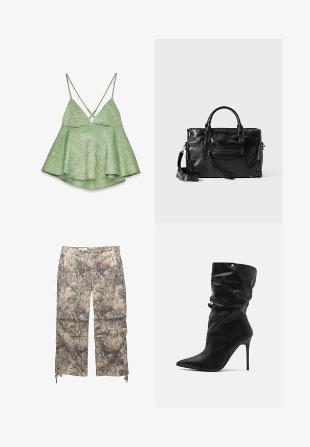 Lysegrøn, struktureret top med en svingende kant, justerbare krydsede stropper og V-halsudskæring. Har et subtilt mønster.; Cremefarvet stof samlet og snøret med en sølvmetal lås på en snor.; Camo-mønstrede bukser lavet af letvægtsstof, med elastisk taljebånd, sidelommer og justerbare snore ved anklerne.; Even&Odd Wide Fit Højhælede støvletter - black; Sort læderhandtaske med to korte håndtag og en aftagelig skulderrem. Har en frontlomme med lynlås og metaldetaljer. Tekstureret overflade.