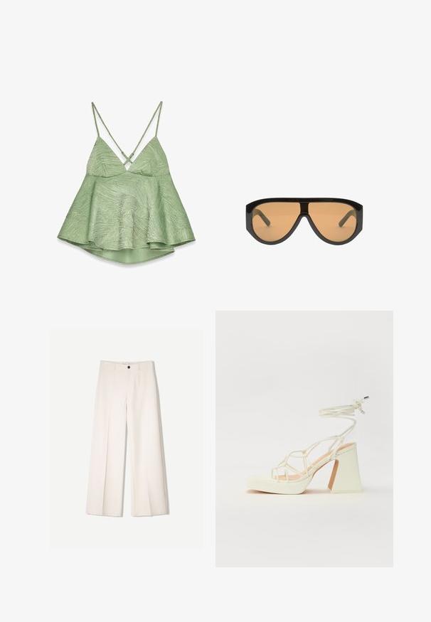 Jasnozielony top na ramiączkach o fakturowej powierzchni, z rozkloszowanym dołem, regulowanymi ramiączkami w stylu krzyżowym i dekoltem w kształcie litery V. Posiada subtelny wzór.; Kremowe spodnie szerokie z dopasowanym krojem, z dwoma przednimi kieszeniami i pojedynczym zapięciem na guzik z przodu, wykonane z gładkiego materiału.; Biała sandał na wysokim obcasie z masywnym słupkiem, z paskowym wzorem i wiązaniem przy kostce. Gładka faktura z platformą z przodu dla dodatkowej wysokości.; Czarne oversize okulary przeciwsłoneczne z brązowymi soczewkami, z szerokimi, kątowymi oprawkami i prostymi ramionami. Gładkie, błyszczące wykończenie, minimalna liczba elementów.