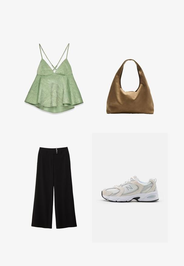 Ljust grön, texturerad linne med utsvängd nederkant, justerbara korsande axelremmar och V-ringning. Har ett subtilt mönster.; Svarta vida byxor med platt midja, med två knappdetaljer framtill och sidofickor för funktionalitet. Slät textur.; Idrottssko med en ljusgrå mesh-overdel och suede-accenter, vita snörning och en svart gummisula. Utmärkande ABZORB-dämpning.; Brun tygaxelväska med en bred, rundad kropp och ett stort utskärningshandtag. Mjukt material, minimalistisk design och ingen synlig hårdvara.