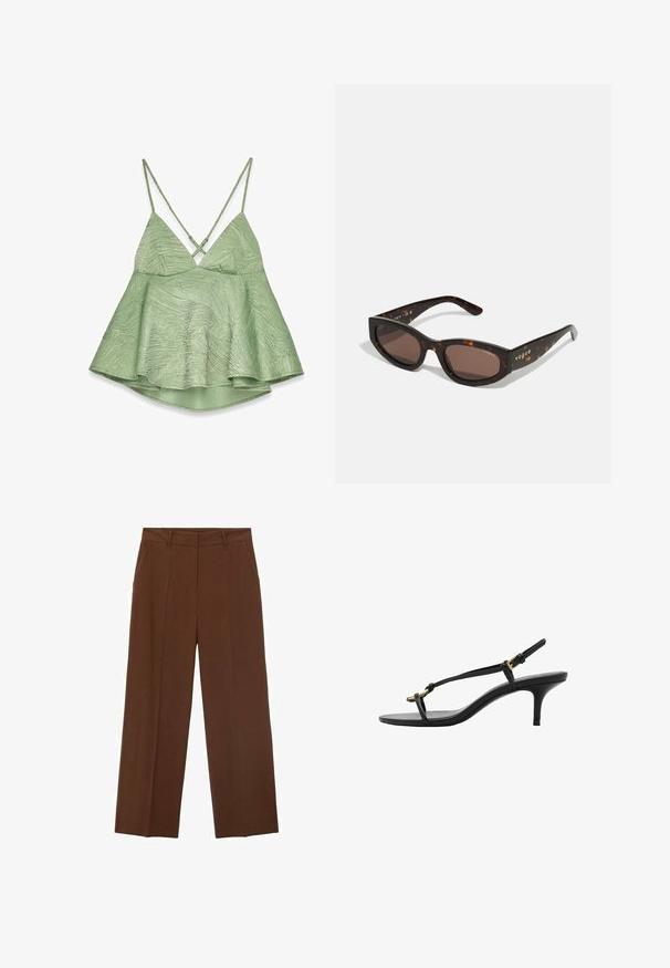 Svetlo zelena, strukturirana majica brez rokavov s širokim robom, nastavljivimi križnimi naramnicami in obliko V-izreza. Značilna je z rahlim vzorcem.; Rjave široke hlače iz gladkega materiala z visokim pasom, ki imajo sprednje žepe in urejen pregib spredaj.; Črne usnjene sandale s kitten peto, tankimi trakovi, zlate zaponke in minimalistično zanko za prste na beli podlagi.; Rjave tortoiseshell sončna očala pravokotne oblike, temno rjave leče in zlato "vogue" blagovno znamko na stranicah.; Tkanjena rjava usnjena torbica za ramo zaobljene oblike, z dvema zgornjima ročajema in gladko teksturo; vsebuje subtilno šivanje za oblikovalsko podrobnost.; Srebrna verižica z obeskom, ki vključuje tri medsebojne obročke: dva srebrna in en zlat, z gladko površino in zapiranjem na jermen.