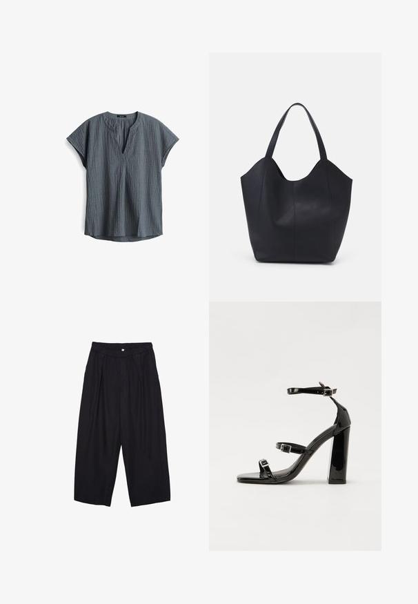 Blusa corta grigia e testurizzata a maniche corte con scollatura a V e orlo leggermente curvato. Presenta pieghe alla scollatura e un tessuto leggero.; Pantaloni culotte neri in poliestere con una cintura elastica, due pieghe frontali e una silhouette ampia. Nessun motivo visibile o dettagli in metallo.; Sandali con tacco in vernice nera, con punta squadrata, cinturini alla caviglia e fibbie in argento. Presentano un tacco a blocco spesso per maggiore stabilità.; Borsa tote nera realizzata in pelle liscia, con una parte superiore curva e aperta, dotata di due manici per spalla e un design minimalista.