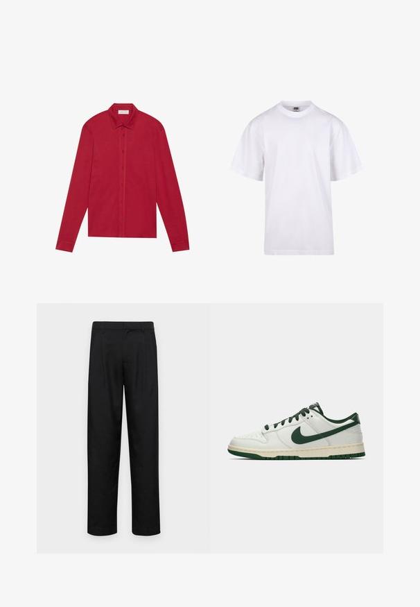 Piros, hosszúujjú, pamut ing. Klasszikus gallérral, elől gombokkal és sima textúrájú mandzsettákkal rendelkezik. Nincsenek minták vagy díszítések.; Fehér pamut póló kerek nyakkivágással, rövid ujjal és laza szabással. Egyszerű dizájnnal rendelkezik, minták vagy díszek nélkül.; Fekete nadrág sima anyagból, egyenes szárú fazonnal, két elülső redővel és közönséges derékkal, övhurkokkal.; Fehér, alacsony szárú sneaker sötétzöld Nike swoosh-zsal, fűzőkkel és talp kiemelésekkel, profilból bemutatva egy sima fehér háttér előtt.