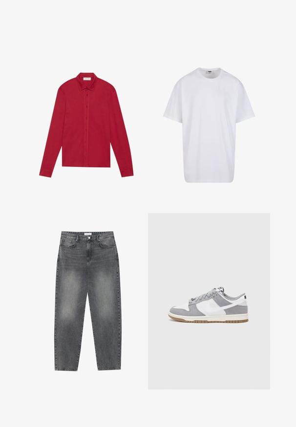 Punainen pitkähihainen paita, joka on valmistettu puuvillasta. Siinä on klassinen kaulus, etupainikkeet ja hihansuut, joissa on sileä pinta. Ei kuvioita tai korostuksia.; Valkoinen puuvillainen t-paita, jossa on lyhyet hihat, pyöreä kaula-aukko, rento istuvuus ja ei näkyviä logoja tai kuvioita. Sileä pinta ja minimaalinen muotoilu.; Korkeavyötäröiset, väljät farkut haalistuneesta mustasta denimestä. Ominaisuuksiin kuuluu viisi taskua, vyölenkit ja siisti, suora lahjetyyli.; Harmaa ja valkoinen lenkkari, jossa on mokka- ja nahkapinta, pyöreä kärki, litteät nauhat ja kumipohja, jossa on vaahtomuoviväri.