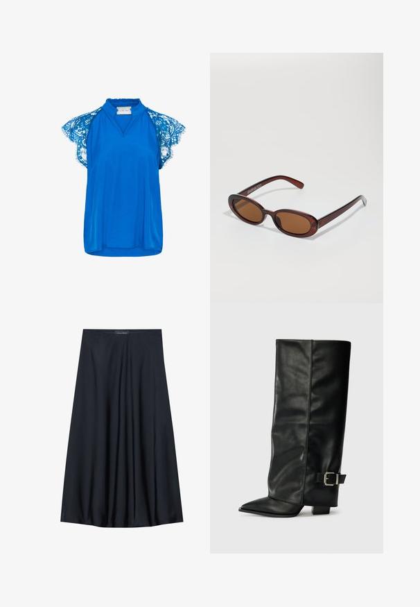 Cream NOLA - Bluza - galaxy blue; Črna krila do kolen, izdelana iz lahkotnega blaga s sproščenim dizajnom. Ima gladko teksturo in subtilne gube za dodatne podrobnosti.; Črne usnjene gležnjarje do gležnjev z ostrim nosom, gladko teksturo in srebrnim sponko akcentom na strani. Debel kvadratni peti.; Okrogle, rjavo obarvane sončne naočare z sijočim burgundskim okvirjem. Tanek nosilec s subtilnim logotipom. Oblika leč je ravna.; Torba s tiskanjem leoparda z osnovo iz črnega umetnega usnja, dvojni zgornji ročaji, zlati zadrge in okrnjene črne umetne usnjene tablice. Pravokotna oblika.