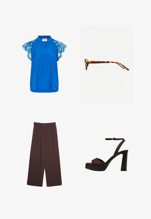 Cream NOLA - Camicetta - galaxy blue; Stradivarius WIDE-LEG WITH BUCKLE DETAIL - Pantaloni - dark brown; Sandal in camoscio marrone con tacco alto, punta aperta, cinturino alla caviglia regolabile e suola a piattaforma striata.; Occhiali da sole tartarugati con una montatura spessa, tempie leggermente curve e superficie liscia. Presentano un design classico con una finitura lucida.