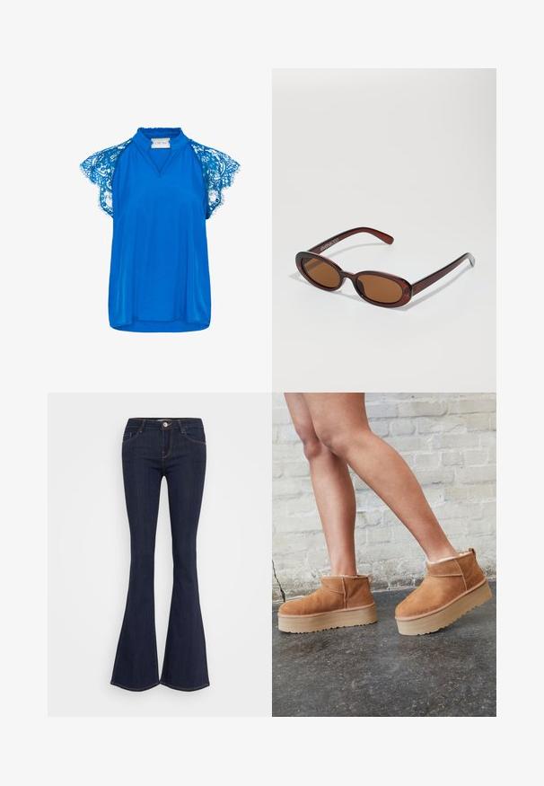 Cream NOLA - Blūze - galaxy blue; Tumši džinsi ar platām kājām un pieguļošu jostu, ar priekšējo pogas aizdari, piecu kabatu dizainu un šuvju detaļām gar kājām.; Brūni zamšāda potītes zābaki ar mīkstu oderi, biezu bēša krāsas platformas zoli un aizmugurē esošu cilpu. Tekstūrēta virsma ar redzamām šuvēm.; Apaļas, brūnīgi nokrāsotas saulesbrilles ar spīdīgu bordo rāmīti. Šauri kāti ar diskrētu zīmola detaļu. Plakana objektīva dizains.