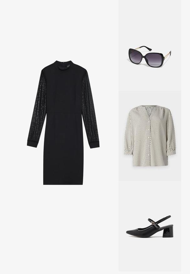 Bluză cu nasturi dintr-un material ușor, având un fundal crem cu motive rectangulare verticale negre, cu decolteu în V și mâneci bufante.; Rochie neagră cu un corset ajustat și mâneci lungi din material transparent, texturat. Prezintă un decolteu înalt și o siluetă simplă, elegantă.; Cizme cu toc slingback din piele sintetică lacuită neagră, cu vârful ascuțit, un design cu decupaj rotunjit și toc bloc. Include un accent cu cataramă de culoare aurie.; Ochelari de soare negri, supradimensionați, cu lentile degradate, rame groase și detalii cu lanț de ton auriu pe brațele templului.; Genți negre cu o formă structurată, textură netedă și un închizător metalic. Asortată cu pantaloni negri largi și sandale cu vârf deschis pe un podea din lemn.