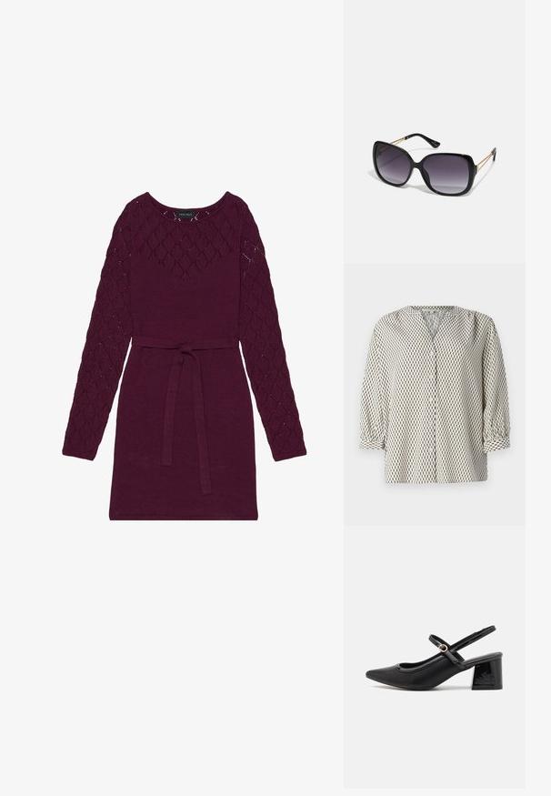 Knopfbluse aus leichtem Stoff mit einem cremefarbenen Hintergrund und schwarzen vertikalen rechteckigen Mustern, V-Ausschnitt und Puffärmeln.; Bordeauxfarbendes Strickkleid mit langen, rautenförmigen Ärmeln, einem runden Ausschnitt und einem passenden Gürtel in der Taille.; Schwarze Lackleder-Slingback-Absätze mit spitzer Zehenform, einem runden Ausschnitt-Design und einem Blockabsatz. Mit einem goldfarbenen Schnallenakzent.; Schwarze übergroße Sonnenbrille mit getönten Gläsern, dicken Rahmen und goldfarbener Kettendetaillierung an den Bügeln.; Schwarze Handtasche mit strukturierter Form, glatter Textur und einem metallischen Verschluss. Kombiniert mit weiten schwarzen Hosen und offenen Sandalen auf einem Holzboden.