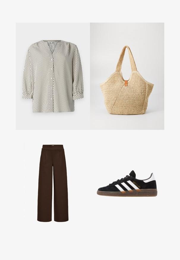 Knopfbluse aus leichtem Stoff mit einem cremefarbenen Hintergrund und schwarzen vertikalen rechteckigen Mustern, V-Ausschnitt und Puffärmeln.; Braune weit geschnittene Hose aus glattem Stoff mit hohem Bund und zwei Vorderfalten, entworfen für einen lockeren Sitz.; Schwarzer Adidas Sneaker mit weißen Streifen, goldenem "Spezial"-Text, Gummisohle und weißem Fersenbereich, seitliche Ansicht.; Große Strohtasche mit einer strukturierten, beigen Außenseite und zwei breiten Griffen. Verfügt über einen Lederakzentriemen zum Schließen.