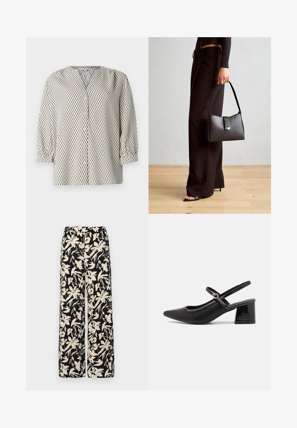 Bluză cu nasturi dintr-un material ușor, având un fundal crem cu motive rectangulare verticale negre, cu decolteu în V și mâneci bufante.; Pantaloni negri cu croi larg, decorati cu un model floral crem. Fabricati dintr-un material usor, avand o textura neteda si un talie inalta.; Cizme cu toc slingback din piele sintetică lacuită neagră, cu vârful ascuțit, un design cu decupaj rotunjit și toc bloc. Include un accent cu cataramă de culoare aurie.; Genți negre cu o formă structurată, textură netedă și un închizător metalic. Asortată cu pantaloni negri largi și sandale cu vârf deschis pe un podea din lemn.