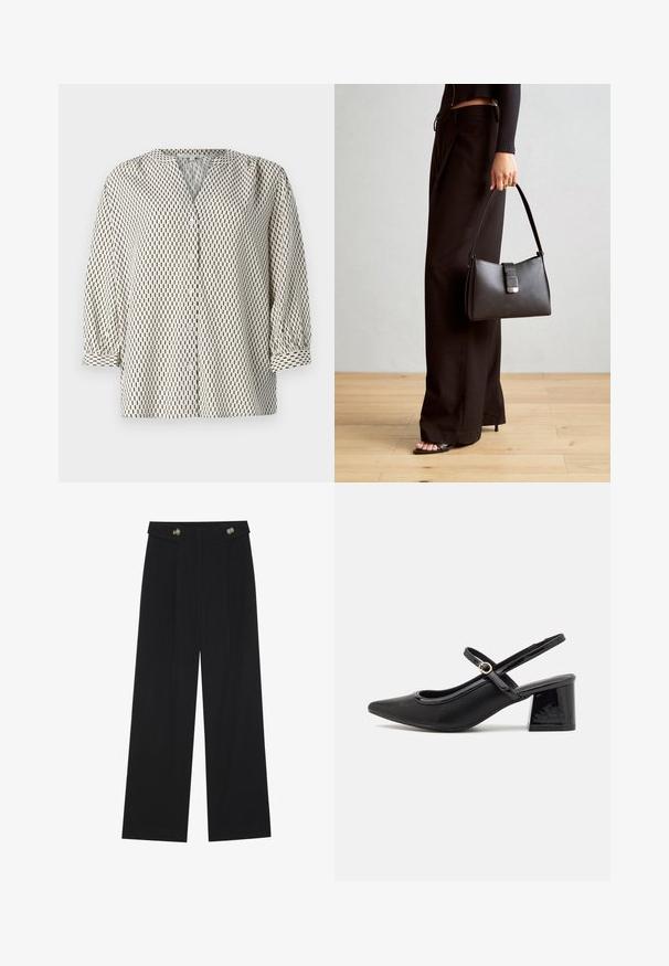 Button-up blouse in lightweight fabric, featuring a cream background with black vertical rectangular patterns, a V-neck, and puffed sleeves.; Black wide-leg trousers with high waist, button details on waistband, and front pleats.; Black patent leather slingback heels with a pointed toe, a rounded cutout design, and a block heel. Features a gold-tone buckle accent.; Black handbag with structured shape, smooth texture, and a metallic clasp. Paired with wide black pants and open-toe sandals on wooden floor.