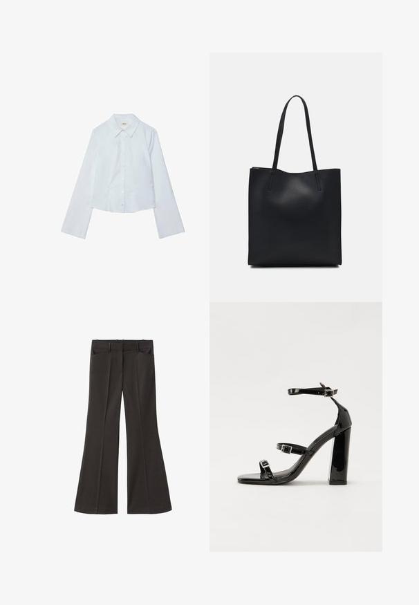 Vit långärmad kortärmad skjorta, knapplåst framsida med spetsig krage, slät textur och subtil glans, med en rak fåll.; Svarta utsvängda byxor med hög midja; har två framfickor och en mjuk tygtextur. Lämpliga för olika tillfällen.; Svarta lackerade klacksandaler med fyrkantig tå, ankelremmar och silverfärgade spännen. Har en kraftig blockklack för stabilitet.; Svart lädertoffelväska med slät textur, rektangulär form och två långa handtag. Ingen synlig hårdvara eller dekorationer.
