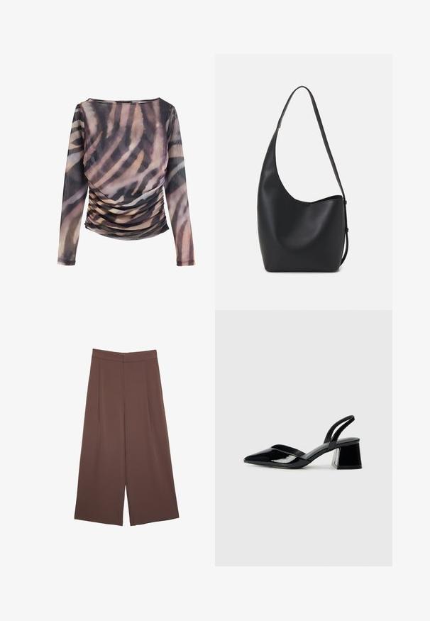 Langarmoberteil aus transparentem Stoff mit einem gedämpften Tierdruckdesign. Hat Raffungselemente an den Seiten. Die Farbpalette umfasst Brauntöne und neutrale Farben.; Braune Weite-Leg-Hosen mit einer glatten Textur, hoher Taille und Vorderfalten. Der Stoff ist leicht und fällt locker.; Schwarze Lackleder-Slingback-High Heels mit spitzem Schuh und einem geometrischen Blockabsatz. Verfügt über ein schlankes, minimalistisches Design und eine glatte Textur.; Schwarze Leder-Hobo-Tasche mit einer glatten Textur, geschwungener Form und einem einzelnen verstellbaren Tragegurt; verfügt über eine weite Öffnung am oberen Ende.