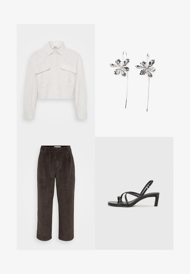 Cropped light beige jacket with a collared neck, long sleeves, two chest pockets, and a textured fabric finish.; Brown corduroy trousers featuring a straight-leg design, subtle texture, and a front button closure with side pockets.; Black strappy sandal with a square toe and a low block heel. Features multiple thin straps and an adjustable ankle strap. Made of smooth leather.; Silver flower-shaped earrings with a textured finish, featuring long hooks and petal-like details for an intricate design.