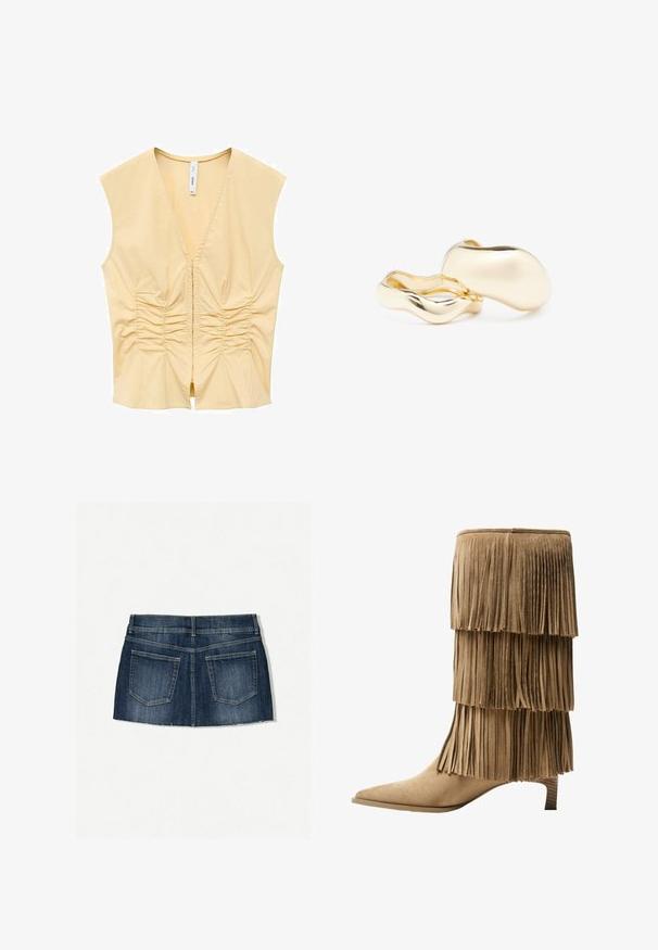 Geel mouwloos topje met een V-hals, voorzien van geplooide details aan de voorkant voor textuur. Gladde stof met een aansluitende silhoutte.; Denim mini-jurk met een donkerblauwe wassing, vijf-pocket ontwerp, rafelige zoom en een slim fit met een platte tailleband.; Franje enkellaars in tan suède met drie gelaagde franjes. V pointed toe en een lage blokhak. Gladde textuur overal.; Gouden oorbellen met een organische, boonachtige vorm en een glad, reflecterend oppervlak; ze hebben een minimalistisch ontwerp zonder zichtbare bevestigingsmiddelen.