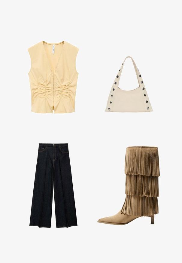 Gelbes ärmelloses Top mit V-Ausschnitt, das entlang der Vorderseite geraffte Details für Textur aufweist. Glattes Material mit einer taillierten Silhouette.; Weite Jeans in dunklem Denim, mit hoher Taille, Fronttaschen und kontrastierenden Nähten. Glatte Textur mit maßgeschneidertem Finish.; Fransen-Stiefelette aus taupefarbenem Wildleder mit drei Lagen Fransen. Spitz zulaufende Zehenpartie und ein niedriger Blockabsatz. Durchgehend glatte Oberfläche.; PULL&BEAR SHOULDER - Shopping Bag - beige