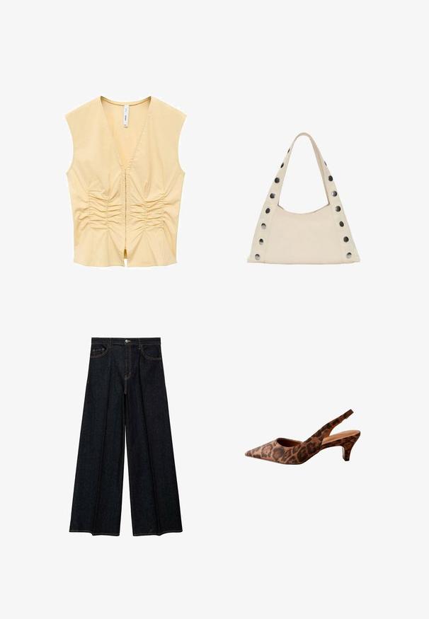 Gul ærmeløs top med V-hals, der har indsamlet detaljering langs fronten for tekstur. Glat stof med en tætsiddende silhuet.; Vide ben jeans i mørkt denim med høj talje, frontlommer og kontrastfarvet syning. Glat tekstur med en skræddersyet finish.; Slyngel-sko med leopardmønster, spidse tæer, lav hæl og glat tekstur. Har en udskæringsdesign ved siderne og bagsiden.; PULL&BEAR SHOULDER - Shopping bags - beige