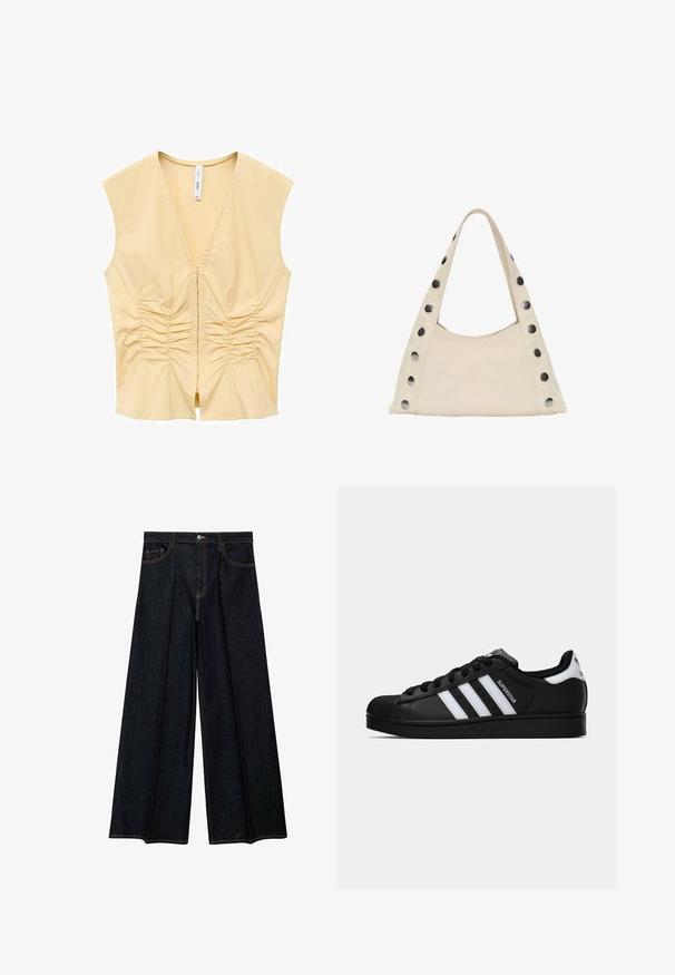 Žlutý bezramenný top s výstřihem do V, který má podél přední části nařasené detaily pro texturu. Hladká tkanina s přiléhavým střihem.; Džíny s širokými nohavicemi v tmavém denimovém odstínu, s vysokým pasem, předními kapsami a kontrastním prošíváním. Hladký povrch s rafinovaným vzhledem.; Černé tenisky Adidas Superstar se bílými pruhy, špičkou ve tvaru skořápky a textem "Superstar" na boku, zobrazené v bočním profilu na bílém pozadí.; PULL&BEAR SHOULDER - Velká kabelka - beige