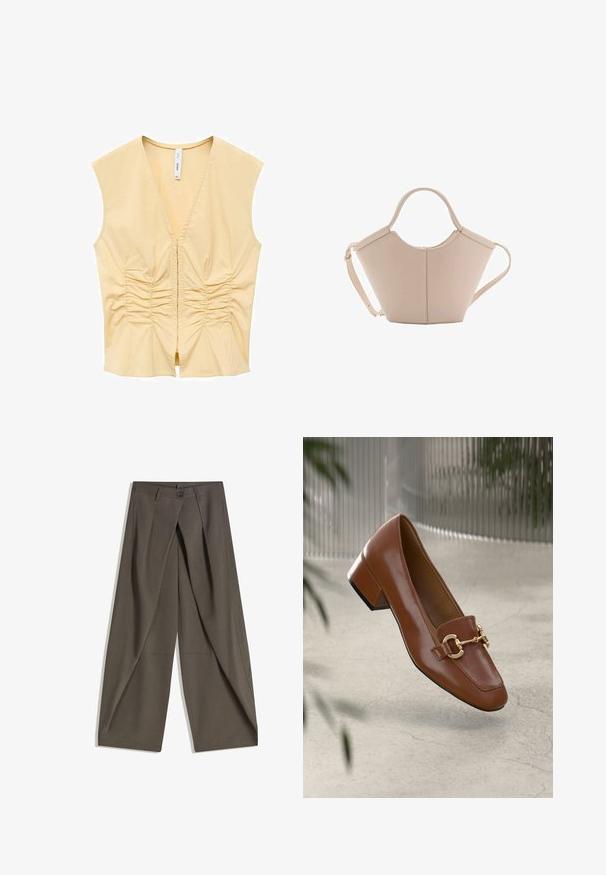 Keltainen hihaton paita V-pääntiellä, etuosassa on ryppyjä tekstuurin luomiseksi. Sujuva kangas, joka on lähellä vartaloa.; Laahustetut leveät housut tummasta harmaasta kankaasta. Varustettu etupleatilla, nappikiinnityksellä ja sivutaskuilla käytännöllisyyden vuoksi.; Ruskea kiiltävä nahkaloaferi neliönmuotoisella varpaalla, metalliketjuaktsentilla ja matalalla tukijalalla; sileä rakenne, minimalistinen muotoilu.; Vaaleanbeige nahkainen käsilaukku, jossa on ainutlaatuinen muoto, varustettuna kahdella lyhyellä kahvalla ja yhdellä pitkällä säädettävällä hihnalla. Sujuva pinta ja vähän metalliosia.
