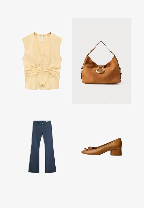 Gul ærmeløs top med V-hals, der har indsamlet detaljering langs fronten for tekstur. Glat stof med en tætsiddende silhuet.; Mørkeblå, udvidede denimjeans med syede lommer, knaplukning og en glat tekstur. Har et klassisk fem-lommemønster.; Læder pump i tan med rund tå, lille blokhæl og dekorativ sløjfe. Glat tekstur og minimalistisk design.; Brun ruskinds håndtaske med en rund form, en beskrivelse i guldfarvet hardware-lås og en kontrasterende sort kant. Har en enkelt skulderrem til bæring.