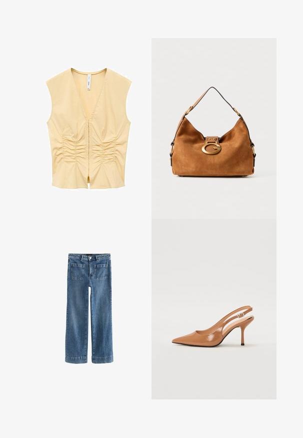 Gul ærmeløs top med V-hals, der har indsamlet detaljering langs fronten for tekstur. Glat stof med en tætsiddende silhuet.; Lyseblå denimjeans med bred bendesign, frontknap- og lynlåslukning, to frontlommer og to baglommer, med opsmøgede kanter.; Spids tå slingback hæl i et glat, blankt tan materiale. Har et buet udskæring design og en slank stiletto hæl. Sølv spænde detalje.; Brun ruskinds håndtaske med en rund form, en beskrivelse i guldfarvet hardware-lås og en kontrasterende sort kant. Har en enkelt skulderrem til bæring.