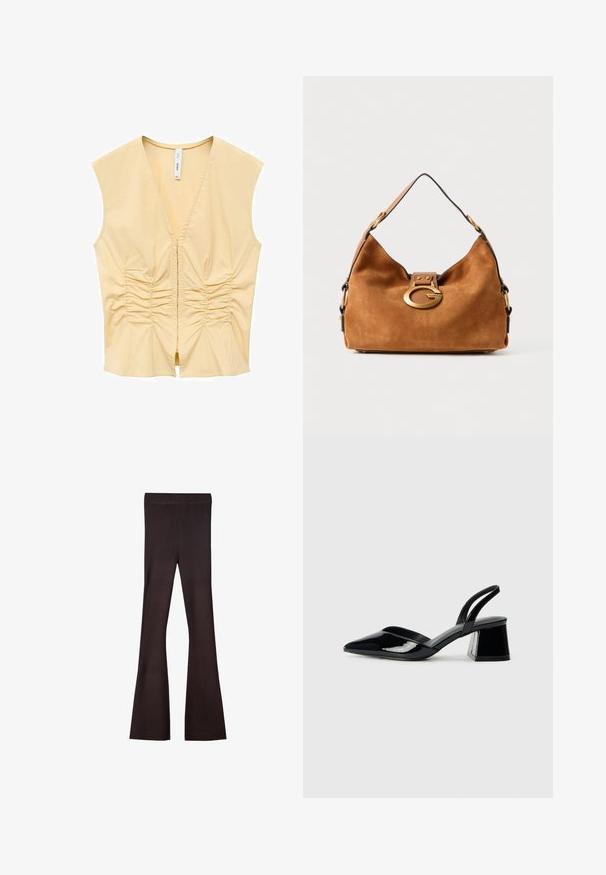 Rumena brezrokavnika z V-izrezom, ki ima naborke spredaj za teksturo. Gladek material v oprijetem kroju.; Bershka Hlače - dark brown; Črne lakirane slingback pete s koničastim nosom in geometrijsko blokasto peto. Imajo eleganten, minimalističen dizajn in gladko teksturo.; Rjava nubuk torbica za ramo z zaobljeno obliko, z zlatim dodatkom za zapiranje in kontrastnim črnim robom. Ima enojni naramni trak za nošenje.