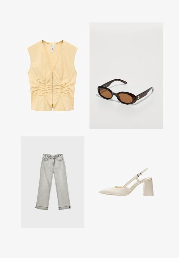 Rumena brezrokavnika z V-izrezom, ki ima naborke spredaj za teksturo. Gladek material v oprijetem kroju.; Sive traperice širokih nogavica z visokim pasom, razfrcanim robom in kontrastnim šivom. Ima pet žepov in klasično zapiranje na gumb.; Bež slingback čevlji s koničastim nosom, sijočo patentirano obdelavo, srednjim blokastim petam in nastavljivim trakom. Minimalistična zasnova z odprtimi stranmi.; Rjave tortoiseshell sončna očala z ovalnimi lečami, ki imajo tanek okvir in majhen kovinski akcent na strani. Teksturirana in polirana površina.; Majhna srebrna torbica, prekrita z velikimi bleščicami, z vozlastim ročajem in verižnim pasom, na sprednji strani pa z logotipom blagovne znamke Guess.