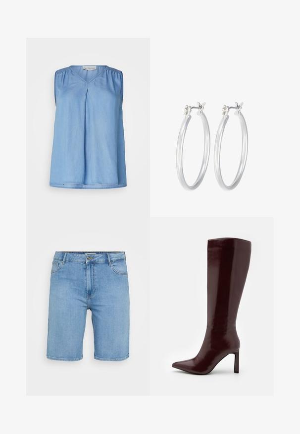 Ljusblå ärmlös topp i mjuk denim, med V-hals, veckdetalj fram och rynkade accenter vid axlarna.; Ljusblå denimshorts med klassisk skärning, med en framknäppning, bälteshällor och två sidofickor. Slät textur och rak fåll.; Even&Odd Stövel - dark red; Silverfärgade hoopörhängen med en slät, polerad yta. Rund form och säker klickstängning. Lättviktig design som passar för vardagligt bruk.