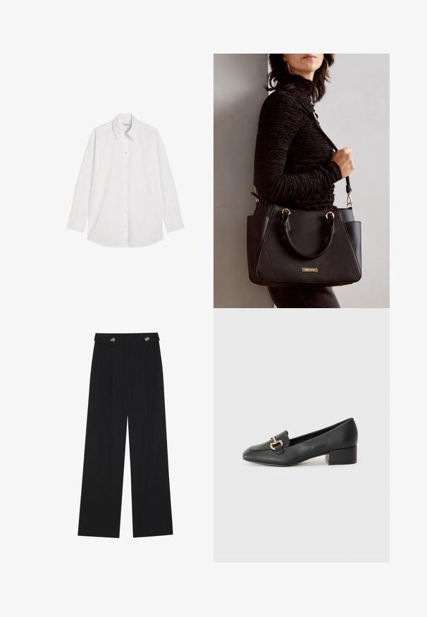 Weiße Langarm-Hemdbluse mit spitzen Kragen und einer einzelnen Brusttasche, auf einem weißen Hintergrund flach ausgelegt.; Schwarze weite Hosen mit hoher Taille, Knopfdetails am Bund und vorderen Falten.; Schwarze Lederloafers mit flachem Absatz, die auf der Vorderseite ein dekoratives goldfarbenes Hardware-Detail und eine glatte Textur aufweisen.; Schwarze Handtasche mit strukturierten Oberflächen, doppelten Obergriffen und verstellbarem Schultergurt. Mit goldfarbener Hardware und Seitentaschen.