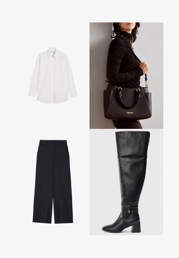 Camicia bianca a maniche lunghe con colletto a punta e una tasca sul petto, stesa piatta su uno sfondo bianco.; Pantaloni a gamba larga in tessuto blu scuro, con una superficie liscia, pieghe frontali e occhielli decorativi in tono oro sui taschini laterali.; Stivale in pelle nera altezza ginocchio con tacco a blocco e cinturino decorativo con fibbia dorata sopra la caviglia, vista laterale su sfondo bianco.; Borsa nera con superficie texturizzata, manici superiori doppi e tracolla regolabile. Dotata di hardware color oro e tasche laterali.