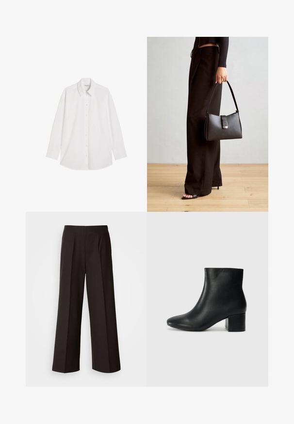 Weiße Langarm-Hemdbluse mit spitzen Kragen und einer einzelnen Brusttasche, auf einem weißen Hintergrund flach ausgelegt.; Schwarze weite Hosen mit flachem Vorderteil, Falten und einer glatten Stoffstruktur. Sie haben eine hohe Taille und einen taillierten Schnitt für eine strukturierte Passform.; Schwarze Leder-Ankle-Boots mit spitzem Zehenbereich und klobigem Absatz. Glatte Textur mit minimalen Akzenten und einem eleganten, taillierten Design.; Schwarze Handtasche mit strukturierter Form, glatter Textur und einem metallischen Verschluss. Kombiniert mit weiten schwarzen Hosen und offenen Sandalen auf einem Holzboden.