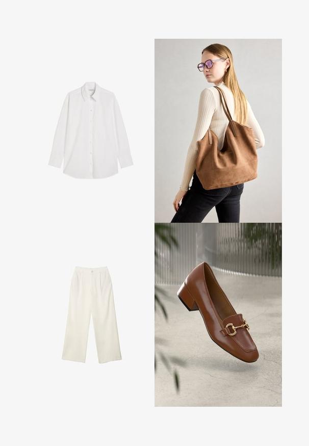 Chemise blanche à manches longues avec un col pointu et une poche poitrine unique, posée à plat sur un fond blanc.; Pantalons à jambes larges en tissu crème avec une texture lisse, dotés d'un seul bouton à l'avant, de plis subtils et d'un design taille haute.; Mocassin en cuir verni marron avec un bout carré, accent de chaîne métallique et petit talon carré ; texture lisse, design minimaliste.; Sac fourre-tout en daim marron avec une texture douce, grande ouverture et longues sangles. Présente un design simple avec des coutures visibles et sans matériel.