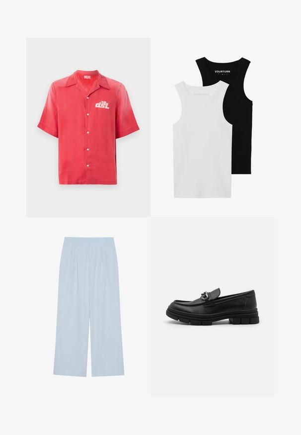 Červená košile na knoflíky s krátkým rukávem z hladkého materiálu. Má límec a bílé logo na levé straně hrudi. Jednoduchý design, bez vzorů.; Dvoubarevné upnuté topy bez rukávů v černé a bílé barvě. Vyrobené z žebrované bavlny, mají široká ramínka a zaoblené výstřihy. Branding na límci.; Světlemodré široké kalhoty vyrobené z hladkého materiálu, s předními skladbami a elastickým pasem pro pohodlí.; Černé kožené mokasíny s kulatou špičkou, dekoračním páskem a kovovými prvky, a masivní texturovanou podrážkou. Hladký povrch s jemnými detaily.