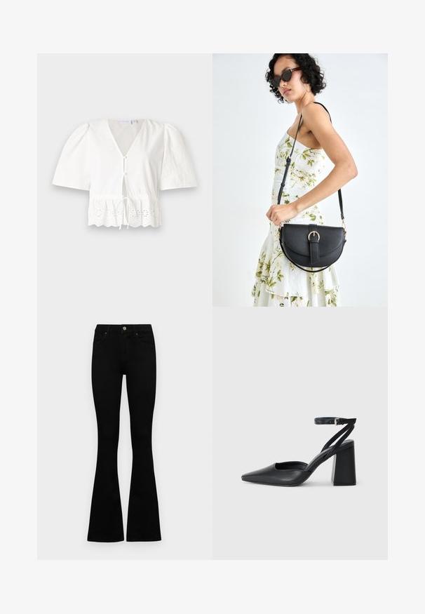 Valge lühikeste varrukatega pluus V-kaelusega, ees nuppudega ja reguleeritava paelaga taljes. Äärmisel äärel on pitsitrimm ja lillelised lõiked.; Mustad kõrge vöökohtadega teksad, millel on nööp ja lukuga sulgemine, esikäe taskud ja laienevad sääred, asetatud tasasele valgele taustale.; Mustmustest must-käigukingad, millel on konksuga nöör ja paks konts. Ühtlane tekstuur, stiilne disain ja minimalistlik esteetika.; Mustmust mustraha kõverate joontega, eemaldatava rihmaga ja kuldsete detailidega. Kotil on klapp, millel on pandladetail.