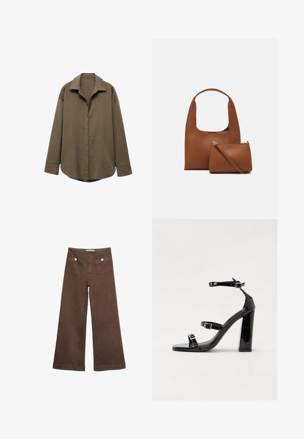 Mango Blus - light brown; Bruna vida byxor i bomull med två framfickor med silverknappar och en slät yta.; Svarta lackerade högklackade sandaler med två spännband, fyrkantig tå och en tjock klack, med en slät och glansig yta.; Brun syntetisk handväska med ett böjt handtag och en slät yta. Inkluderar en matchande liten påse med dragkedja. Minimalistisk design.