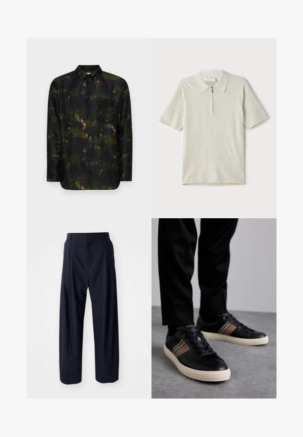 Tamsiai žalia ilgomis rankovėmis mygtukų marškiniai su tekstūruota raštu, kuriame yra raudonų ir rožinių atspalvių, bei krūtinės kišenė. Juodi mygtukai.; Šviesiai bežinis trumpomis rankovėmis polo marškinėliai su užtrauktuku ant apykaklės. Pagaminti iš lygaus audinio, pasižymi paprastu, moderniu dizainu be raštų.; Henrik Vibskov CLAUS PANT - Kelnės - tropical navy; Juodi odiniai sportbačiai su daugiaspalviais juostuotais akcentais, apvaliu pirštu ir baltais gumos padais, su raišteliais ir įspaustu ženklu.