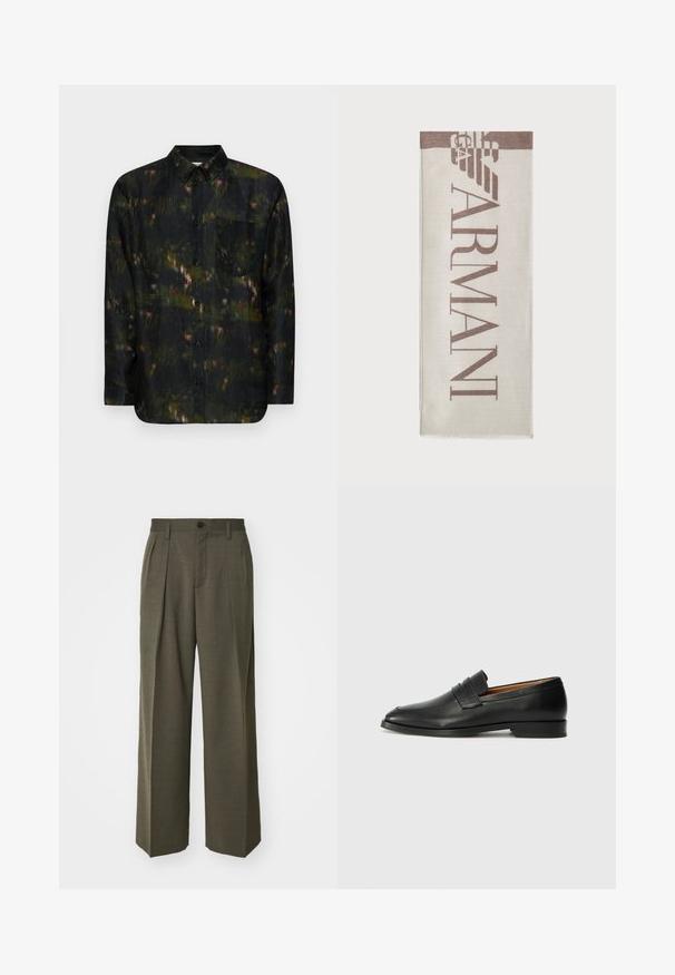 Koszula z długim rękawem zapinana na guziki w ciemnozielonym kolorze z fakturowanym wzorem z delikatnymi akcentami czerwieni i różu oraz kieszenią na piersi. Czarne guziki.; Filippa K - Spodnie materiałowe; Czarne skórzane mokasyny z zaokrąglonym noskiem, subtelnymi przeszyciami i niskim obcasem, charakteryzujące się gładką teksturą i minimalistycznym designem.; Beżowy szalik z brązowym logo "ARMANI". Prostokątny kształt, miękka tekstura i frędzle na brzegach. Minimalistyczny design, wysokiej jakości materiał.