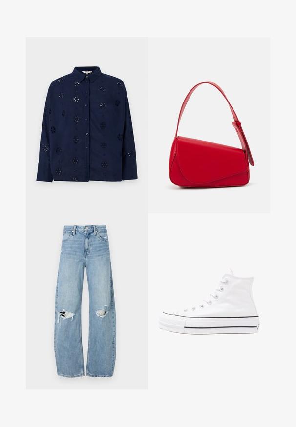Camisa azul-marinho abotoada feita de tecido leve, apresentando padrões de recortes florais e um colarinho, com mangas longas e um corte descontraído.; Jeans de lavagem clara, de cintura alta, feitos de denim. Apresentam pernas largas, duas áreas rasgadas nos joelhos e o estilo clássico de cinco bolsos.; Sapatilha alta de tela branca com sola de borracha preta, bico de borracha na frente e seis ilhós para os atacadores, apresentando um design limpo e minimalista.; Bolsa de mão em couro vermelho com um design angular e geométrico. Apresenta uma única alça ajustável e um fecho com aba, com detalhes cosidos.