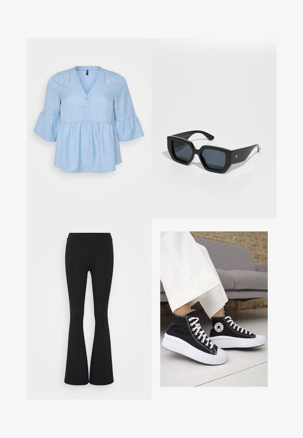 Haut en tissu tissé bleu clair avec un décolleté en V, des détails de boutons et des manches cloche trois-quarts. L'ourlet peplum évasé ajoute du volume.; Pantalon évasé noir en tissu extensible, présentant une taille haute et une texture lisse. Le pantalon s'élargit à partir du genou.; Baskets montantes en toile noire avec semelles et lacets en caoutchouc blanc. Elles présentent un logo circulaire sur le côté et un contraste de coutures blanches.; Lunettes de soleil noires surdimensionnées avec un design géométrique, des verres rectangulaires et une finition brillante. Pas de marquage visible à l'avant.