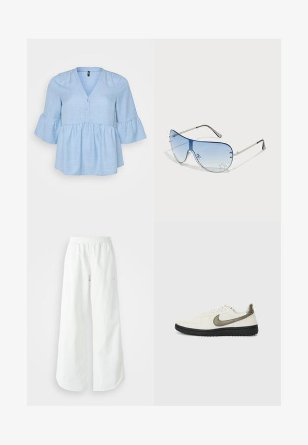 Himmelblaues, gewebtes Oberteil mit V-Ausschnitt, Knopfdetails und dreiviertellangen Glockenärmeln. Ausgestellter Peplum-Saum sorgt für Volumen.; Weiße, weit geschnittene Sporthose mit einem gerippten Bund und dezentem Logo-Detail. Glattes Material mit lockerer Passform und schmal zulaufendem Saum.; Nike Sportswear FIELD GENERAL - Sneaker low - off-white/black; Flugzeugbrille mit einem verlaufenden blauen Glase, silbernem Metallrahmen und dekorativen Sternelementen auf dem Glas. Glattes und elegantes Design.