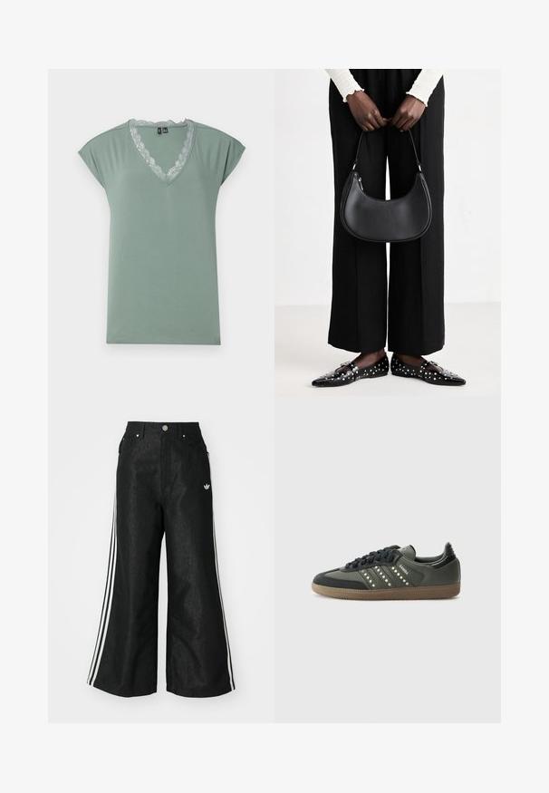 Hellgrünes V-Ausschnitt-T-Shirt aus weichem Stoff, mit Spitzenbesatz entlang des Ausschnitts, kurzen Flügelärmeln und einer lockeren Passform.; Schwarze, weit geschnittene Jeans mit drei weißen Streifen an jeder Seite und einem kleinen weißen Logo. Mit vorderen Taschen und einem Knopfverschluss.; adidas Originals SAMBA OG - Sneaker low - core black/legend earth/gum; Schwarze Leder-Schultertasche mit runder Form, glänzender Oberfläche und silbernem Beschlag. Person trägt schwarze weit geschnittene Hosen und Nieten-Loafers.