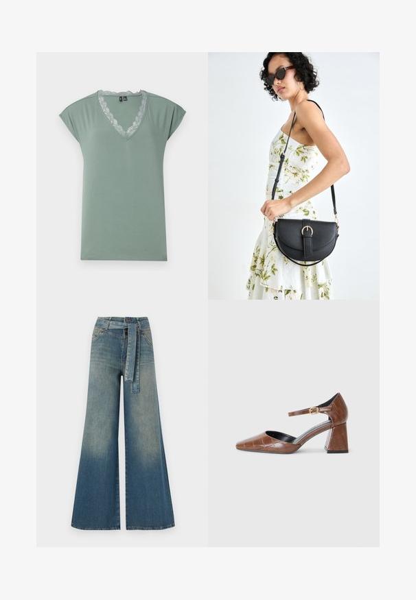 Gaiši zaļa V-veida kakla T-kreklu, kas izgatavots no mīksta auduma ar mežģīņu apdari ap kakla izgriezumu, ar īsām uzplecu piedurknēm un brīvu piegriezumu.; Platām kājām džinsu bikses ar gaismas līdz tumši zilam gradientam, augstu jostas līniju, jostas cilpām un atbilstošu auduma jostu. Tekstūrēts džinsas apdare.; Brūni lakoti ādas apavi ar kvadrātu formas purngalu, ar teksturētu krokodila rakstu, ar potītes siksniņu un zelta sprādzi, un apaļīgu papēdi.; Melnas ādas rokassoma ar izliekta formu, noņemamu siksnu un zelta aksesuāriem. Somai ir vāciņš ar sprādzes detaļu.