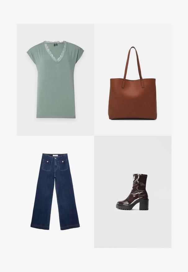 Vihreä V-pääntie t-paita, joka on valmistettu pehmeästä kankaasta ja jossa on pitsireunus kaula-aukossa. T-paidassa on lyhyet hihat ja rento leikkaus.; Tummansiniset leveälahkeiset farkut, joissa on kaksi etutaskua koristeellisin nappikuvioin ja suora lahje.; Satea bordeaux berwarna mengkilap dengan tumit hitam tebal, menampilkan tekstur halus dan desain sederhana. Tanpa pengikat atau pola yang terlihat.; Ruskea nahkainen olkalaukku, jossa on sileä pinta, avoin yläosa ja kaksi olkahihnaa. Omaavat vain minimaalisen ompelun eikä näkyvää metalliosaa.