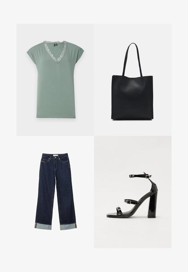 T-shirt verde chiaro a V in morbido tessuto con rifiniture in pizzo lungo il collo, presenta maniche corte a sbuffo e una vestibilità comoda.; Jeans ampi di colore blu scuro con vita alta, dotati di risvolti, cuciture a contrasto e design a cinque tasche. Realizzati in tessuto denim.; Sandali con tacco in vernice nera, con punta squadrata, cinturini alla caviglia e fibbie in argento. Presentano un tacco a blocco spesso per maggiore stabilità.; Borsa tote in pelle nera con texture liscia, forma rettangolare e due manici lunghi. Nessun hardware o decorazione visibile.