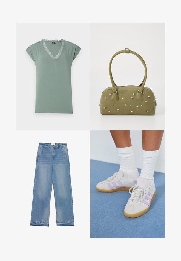 Camiseta verde claro de cuello en V, hecha de una tela suave con un borde de encaje alrededor del escote, con mangas cortas tipo farol y un corte relajado.; Jeans de pierna ancha de cintura alta en azul claro con cierre de botón, bolsillos frontales, pasadores para cinturón y un sutil desgaste.; Zapatillas de ante gris claro con tres rayas lilas, suela de goma, cordones planos y calcetines blancos de canalé. Fondo azul.; Bolso de mano de gamuza sintética de color verde oliva con adornos de estrellas y tachuelas plateadas. Presenta dos asas cortas y un cierre de cremallera en la parte superior.