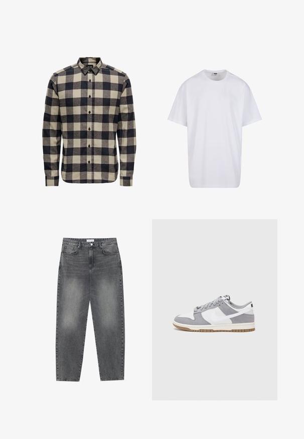 Muška flanel košulja u crnoj i krem boji, s klasičnim karo uzorkom, ovratnikom na gumbe i dugim rukavima s manšetama na gumbe.; Bijela pamučna majica s kratkim rukavima, zaobljenim izrezom, opuštenog kroja, bez vidljivih logotipa ili uzoraka. Glatka tekstura i minimalni dizajn.; Traperice visokog struka, širokog kroja u izblijedjelom crnom denimu. Imaju pet džepova, petlje za remen, i čist, ravni kroj nogu.; Nike tenisice imaju gornji dio od sive brušene kože i bijele kože s perforacijama, okrugle vezice i gumeni potplat za prianjanje.