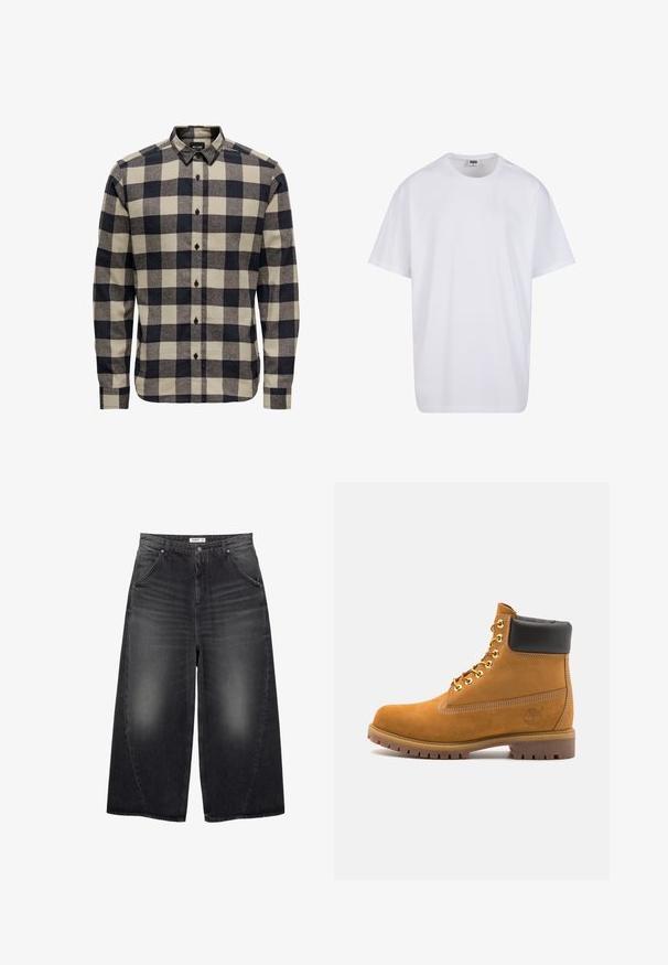 Herres flannelskjorte i sort og creme, med et klassisk ternet mønster, knap-for-krave og lange ærmer med knapmanchetter.; Hvid bomulds t-shirt med korte ærmer, rund halsudskæring, afslappet pasform, og ingen synlige logoer eller mønstre. Glat tekstur og minimalistisk design.; PULL&BEAR MEGA BAGGY - Baggy jeans - black; Tan nubuck ankelstøvle med sort polstret krave, gyldne metaløjer, hvid syning detaljer og robust gummisål med udtalte slidbaner.