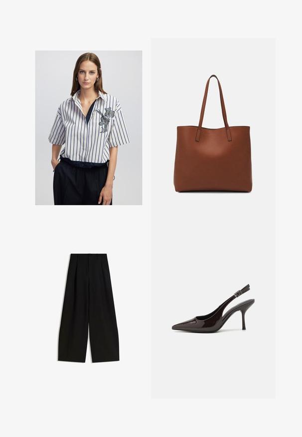 Vrouw met steil bruin haar draagt een wit en blauw verticaal gestreept shirt met florale borduring, gestopt in zwarte broek, staand met haar hand in de zak.; Zwarte wijde pijpen broek van gladde stof, met een hoge taille, plooien aan de voorkant en geen zichtbare versieringen of patronen.; Slingback hoge hak schoen in glanzend donkerbruin patentleer, puntige neus, open zijkanten en verstelbare enkelband.; Bruine leren tote bag met een gladde textuur, een ontwerp met een open bovenkant en twee schouderbanden. Kenmerkt zich door minimale stiksels en geen zichtbare hardware.