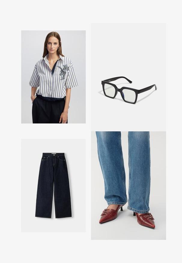 Vrouw met steil bruin haar draagt een wit en blauw verticaal gestreept shirt met florale borduring, gestopt in zwarte broek, staand met haar hand in de zak.; Donkerblauwe denim wijduitlopende jeans met een hoge taille, vijf zakken, contrasterende stiksels en zilveren metalen hardware. Gladde textuur en een nette afwerking.; Rode leren puntige schoenen met een kleine hak, voorzien van horizontale stiksels en twee zilveren gespen, gedragen met blauwe spijkerbroeken.; Zwarte vierkante zonnebril met een matte afwerking, voorzien van transparante lenzen en een lichte blauwe tint aan één kant. Stevig, hoekig ontwerp.; Rode synthetische leren schoudertas met een omslagflap, zilveren drukknoopaccenten op de band, en een bedrukte "Desigual" logo.